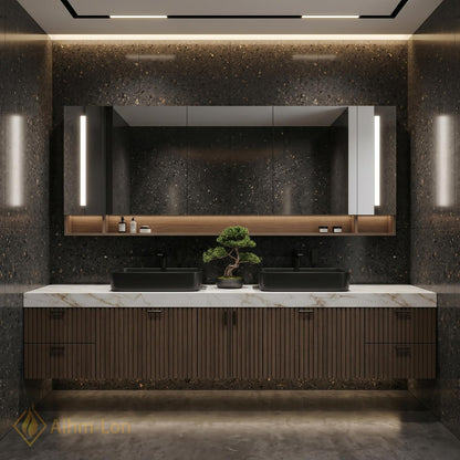 60''-96'' Double Bathroom Vanity with Sink Modern Floating Dark Walnut Slatted Doors