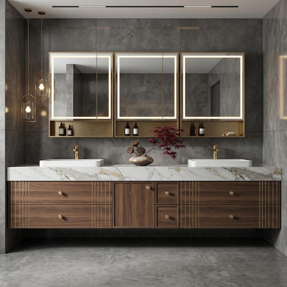 60''-96'' Double Bathroom Vanity with Sink Modern Floating Dark Walnut Grain Storage