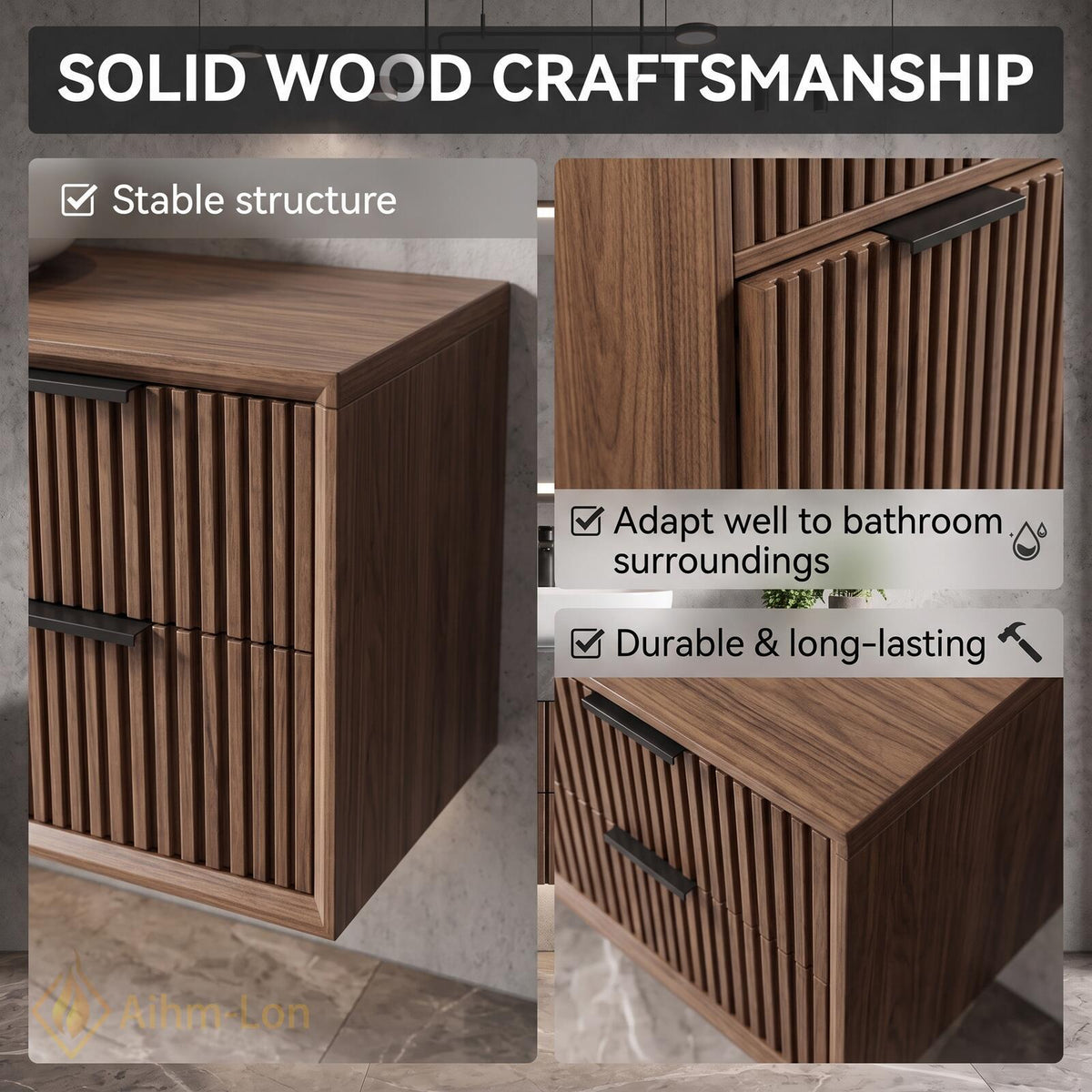 36''-110'' Floating Bathroom Vanity with Sink Slatted Walnut Front Open Shelf