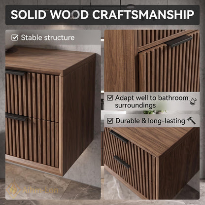 36''-110'' Floating Bathroom Vanity with Sink Slatted Walnut Front Open Shelf