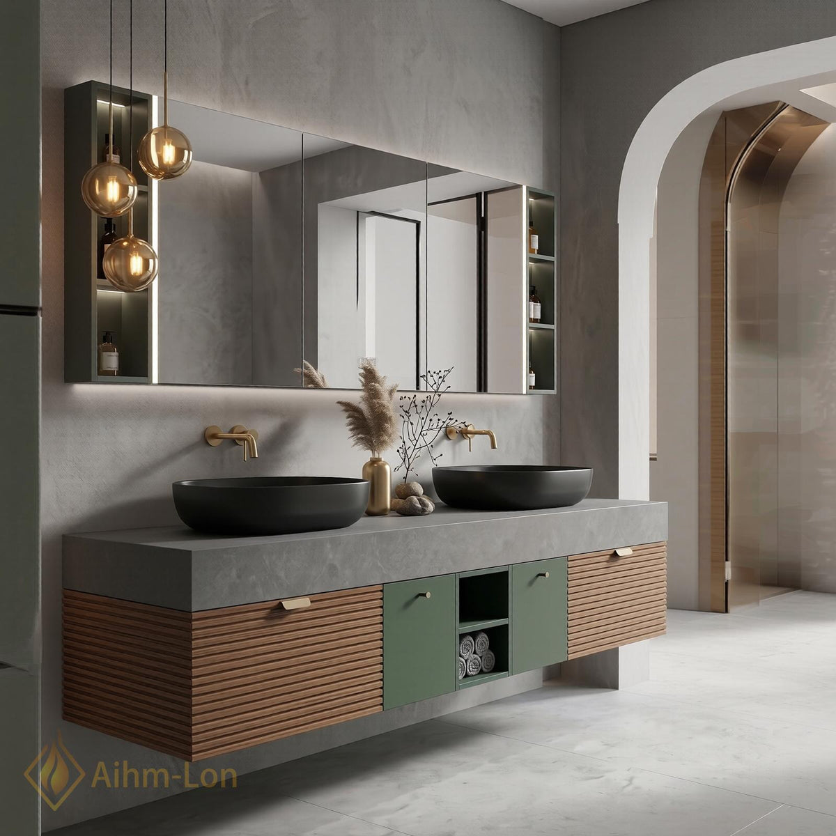 60''-96'' Bathroom Vanity with Sink Modern Floating Green Slatted Finish Stone-Like Top
