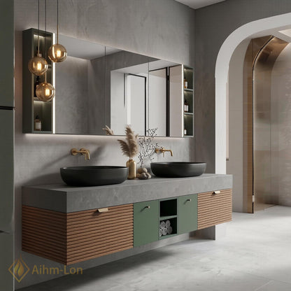 60''-96'' Bathroom Vanity with Sink Modern Floating Green Slatted Finish Stone-Like Top