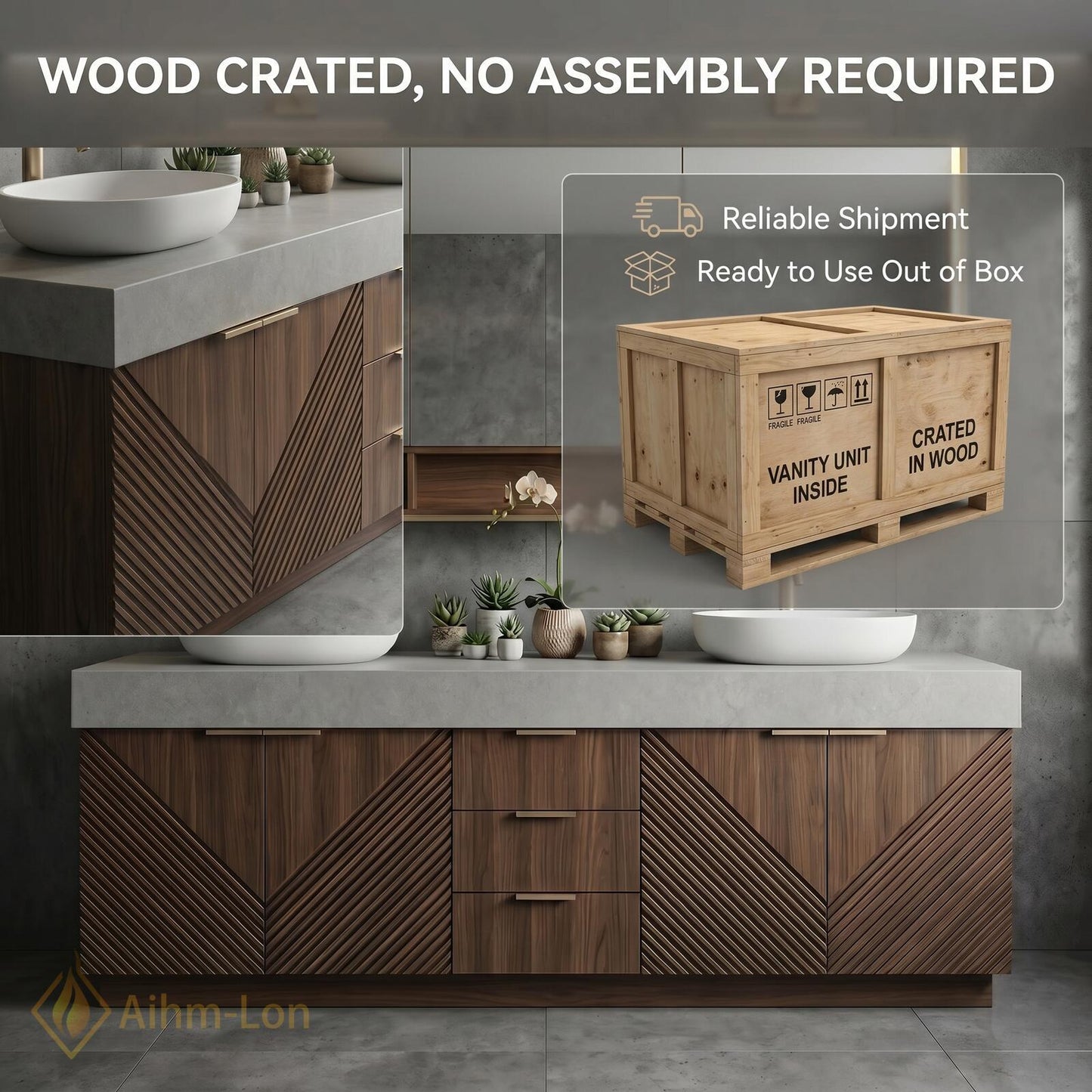 70''-96'' Modern Bathroom Vanity with Sink Floating Diagonal Wood Slate Stone Mirror Storage