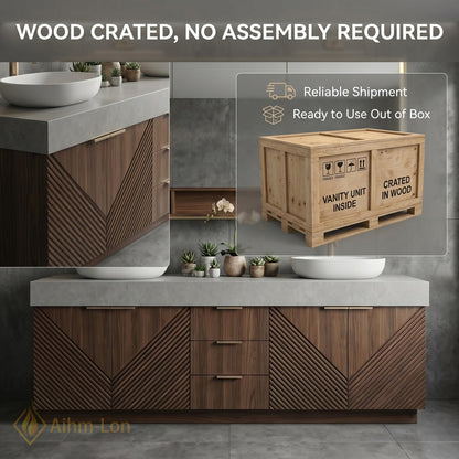 70''-96'' Modern Bathroom Vanity with Sink Floating Diagonal Wood Slate Stone Mirror Storage
