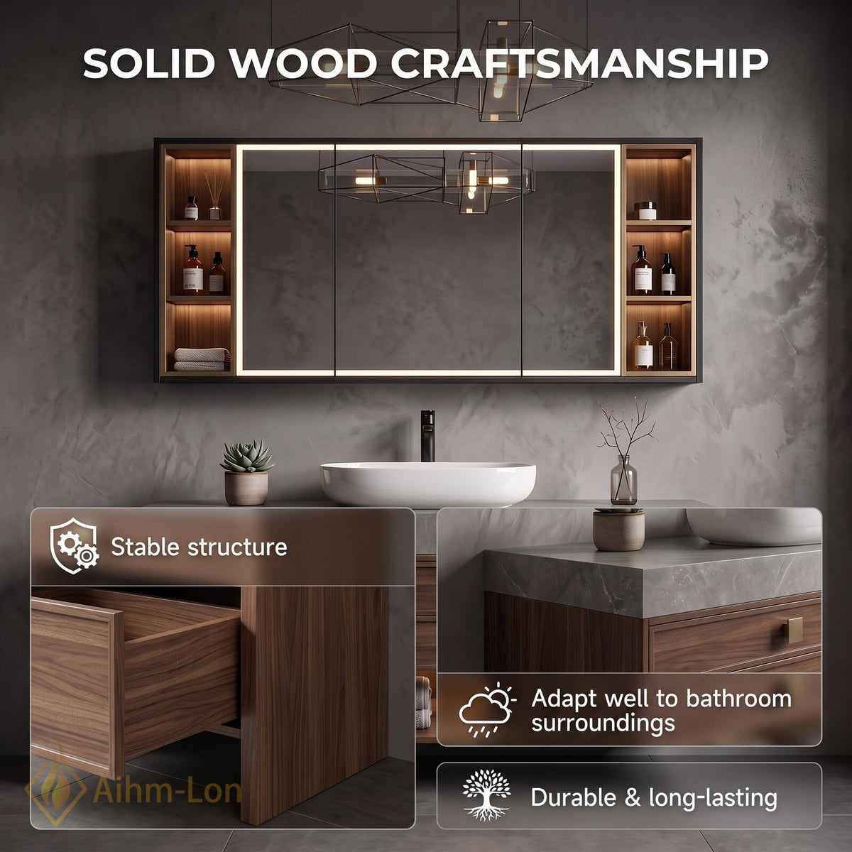 36''-110'' Floating Bathroom Vanity with Sink Dark Wood Finish Spacious Side Storage