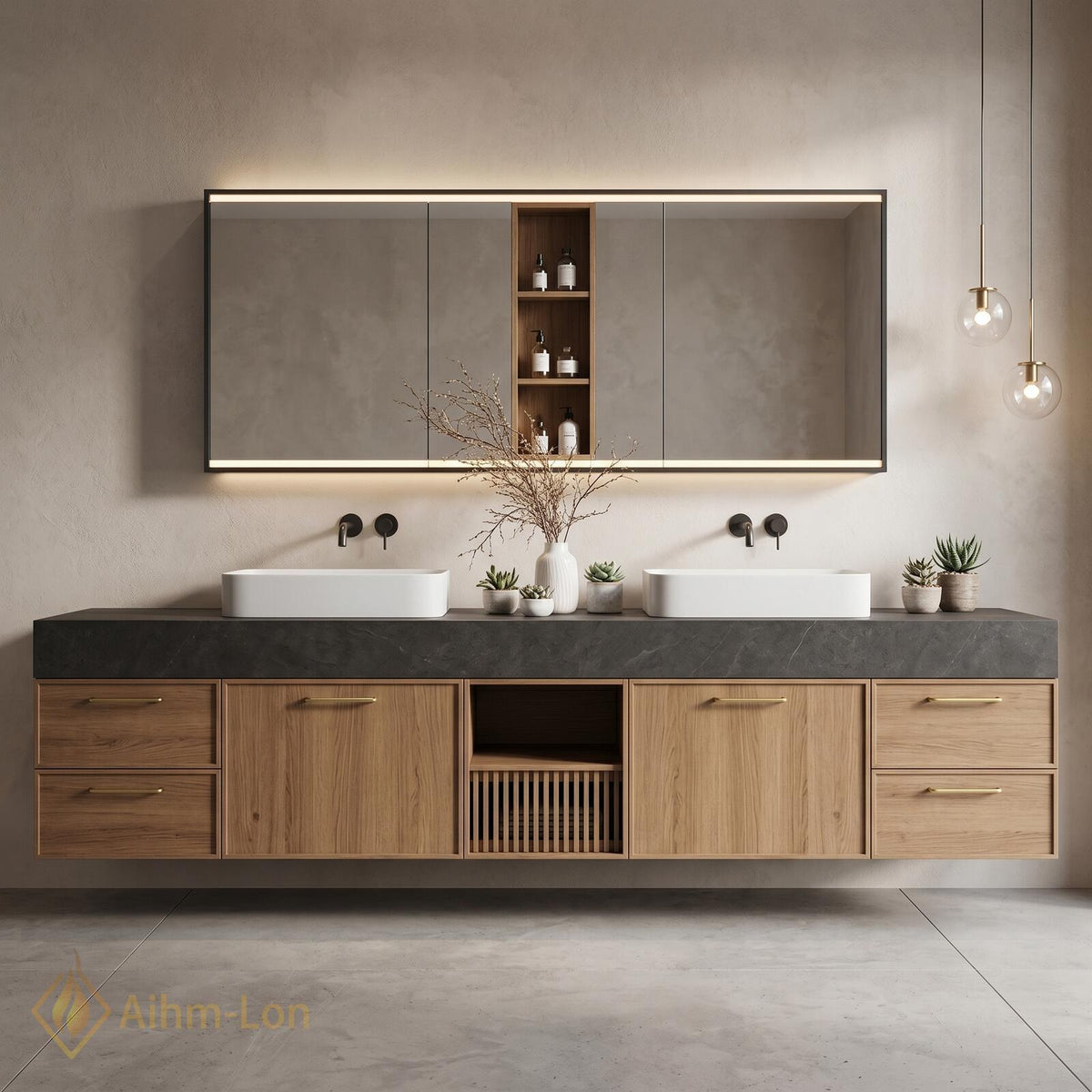 60''-96'' Double Bathroom Vanity with Sink Dark Stone Top Slatted Center Shelving