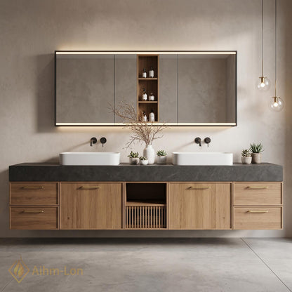 60''-96'' Double Bathroom Vanity with Sink Dark Stone Top Slatted Center Shelving