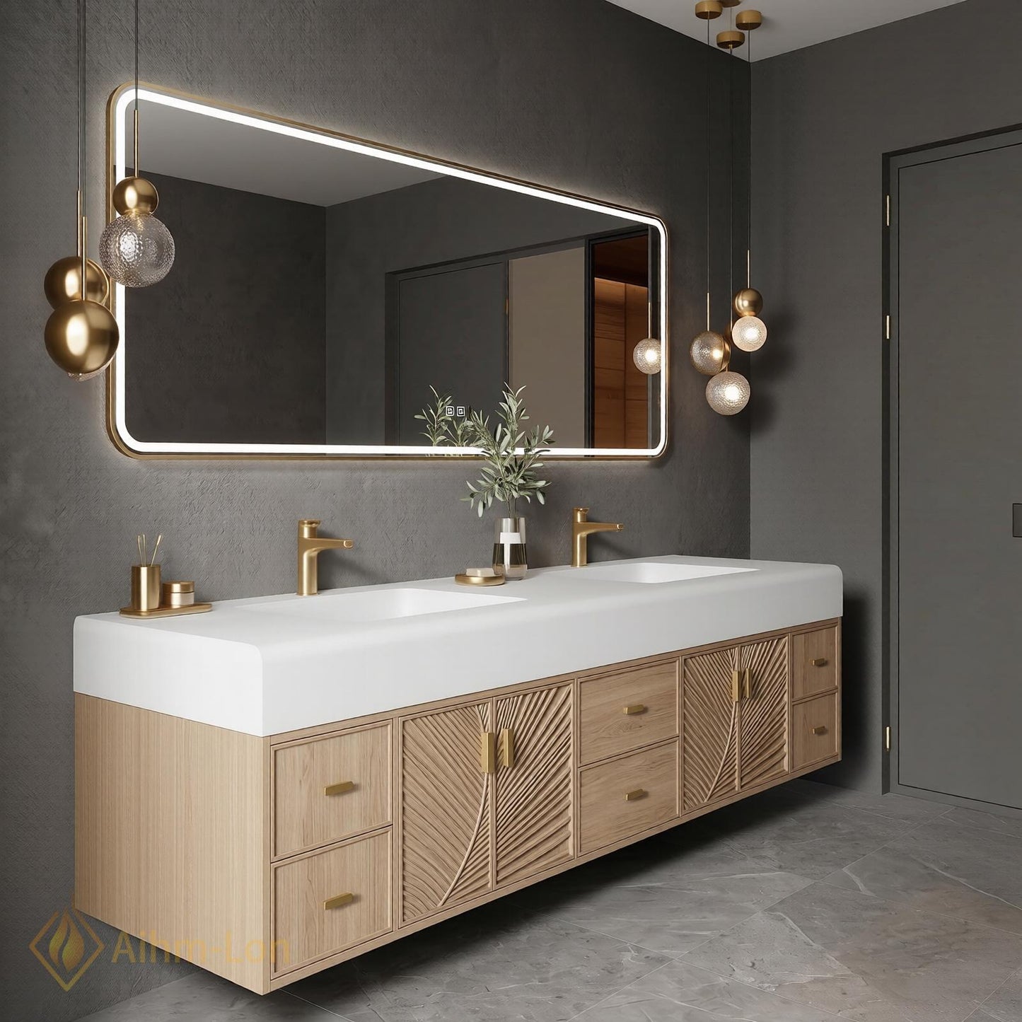 70''-96'' Double Bathroom Vanity with Sink Warm Light-Oak Floating Doors Radiant