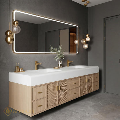 70''-96'' Double Bathroom Vanity with Sink Warm Light-Oak Floating Doors Radiant