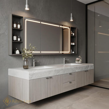 60''-96'' Bathroom Vanity with Sink Wide Span Floating Stone Countertop Mirror Cabinet