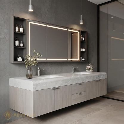 60''-96'' Bathroom Vanity with Sink Wide Span Floating Stone Countertop Mirror Cabinet