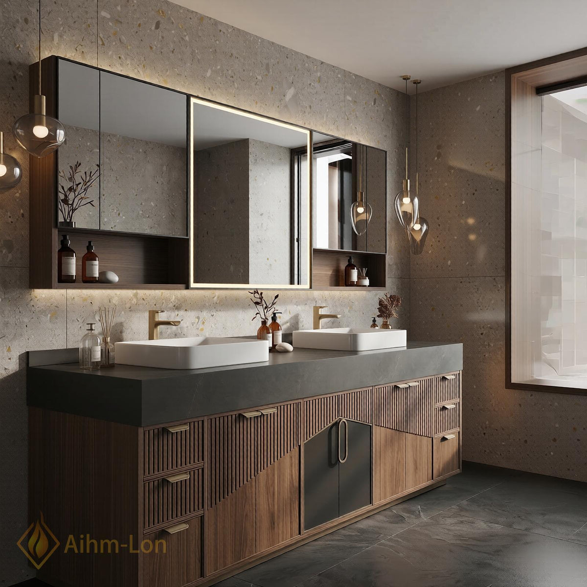 60''-96'' Double Bathroom Vanity with Sink Dark Stone Slatted Wood Panels Shelving
