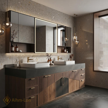 60''-96'' Double Bathroom Vanity with Sink Dark Stone Slatted Wood Panels Shelving