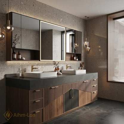 60''-96'' Double Bathroom Vanity with Sink Dark Stone Slatted Wood Panels Shelving