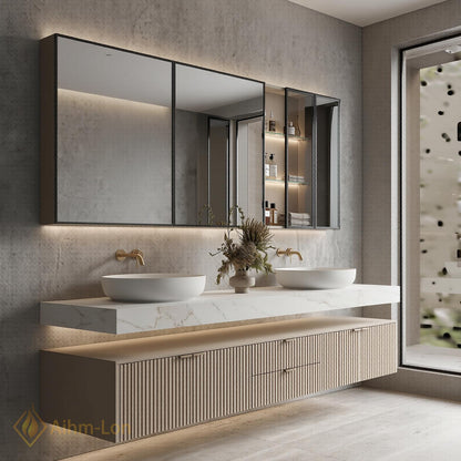 60''-96'' Double Bathroom Vanity with Sink Modern Floating Stone Top Fluted Doors
