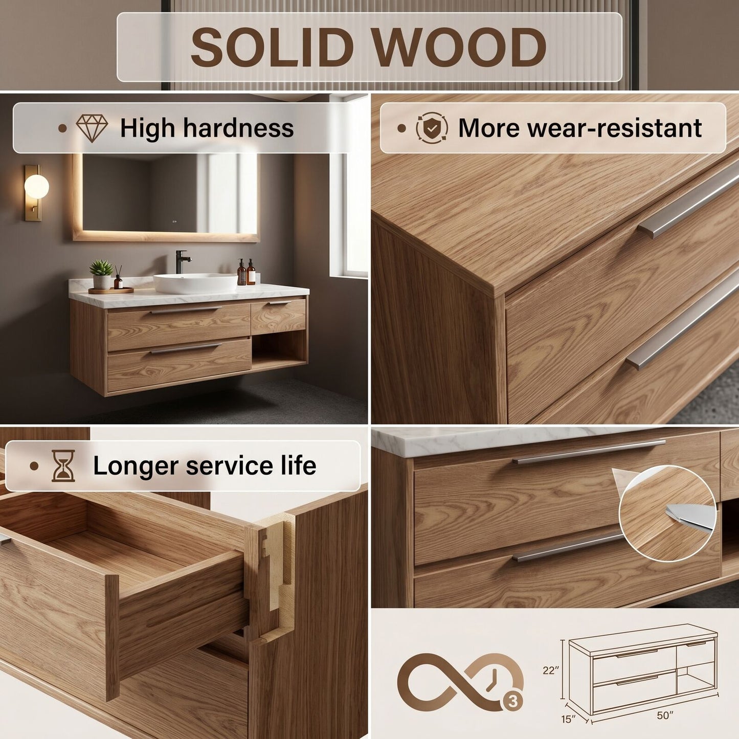 36''-64'' Modern Bathroom Vanity with Sink Marble Oak Floating Wood Grain Drawers