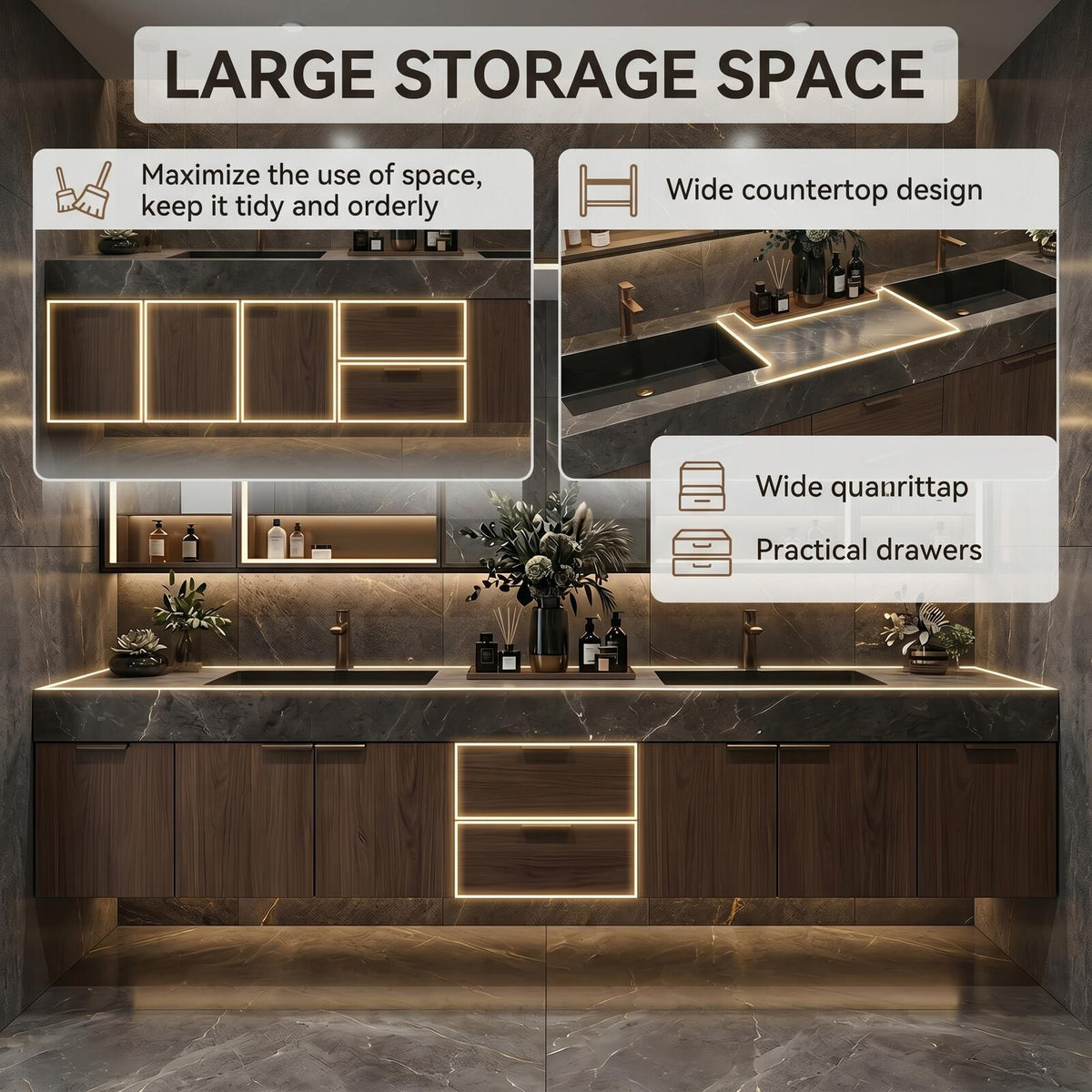 60''-96'' Double Bathroom Vanity with Sink Modern Floating Dark Walnut Slatted Center Panel