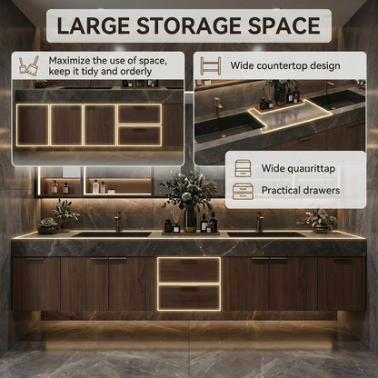 60''-96'' Double Bathroom Vanity with Sink Modern Floating Dark Walnut Slatted Center Panel