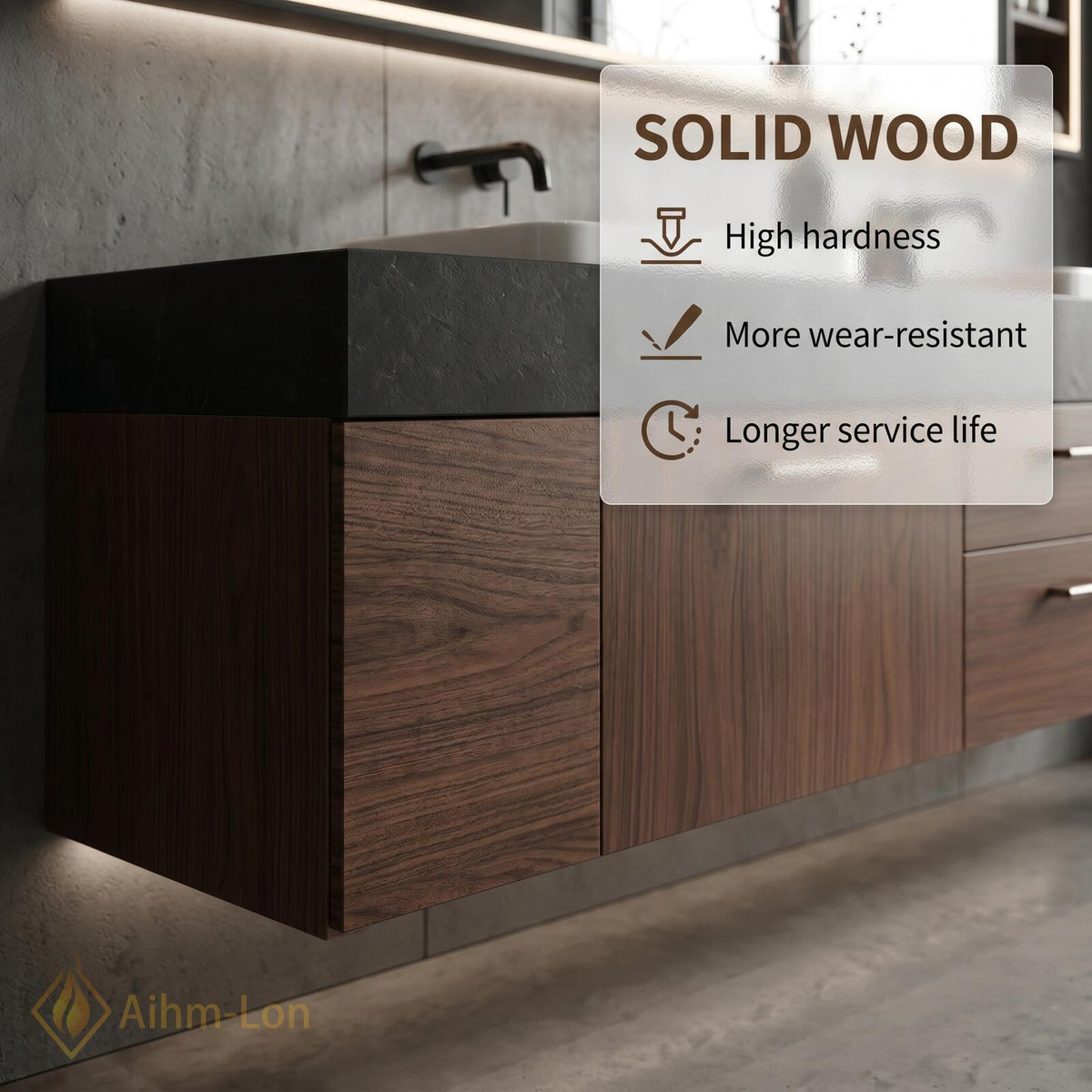 60''-96'' Double Bathroom Vanity with Sink Floating Dark Stone Countertop Wood Grain