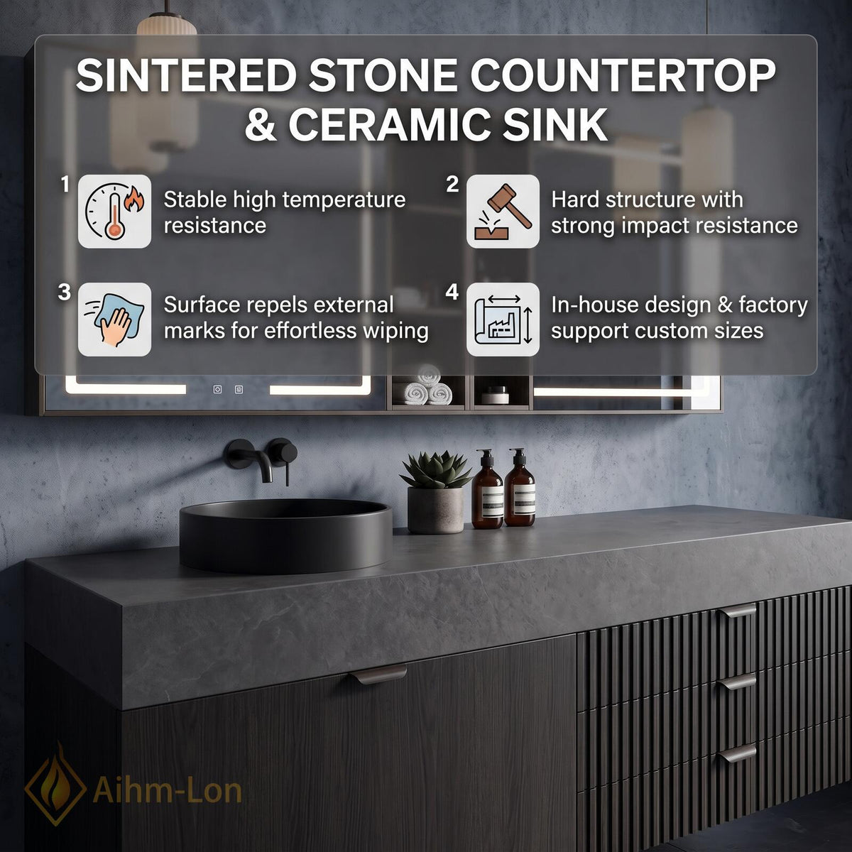 36''-110'' Bathroom Vanity with Sink Floating Sintered Stone Top Dark Finish