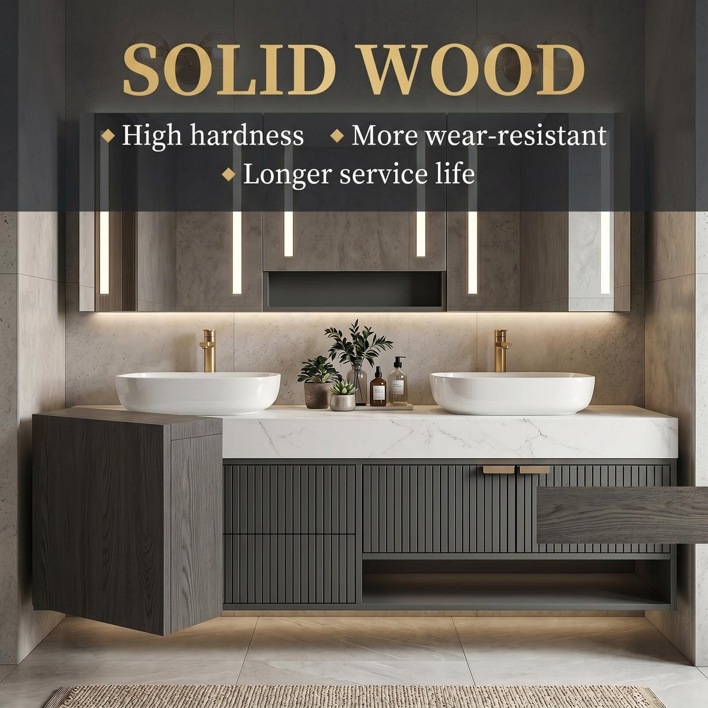 60''-96'' Modern Bathroom Vanity with Sink Floating Double Slatted Doors Marble-Style Top