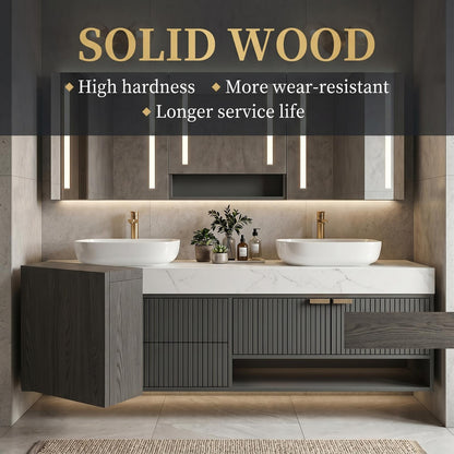 60''-96'' Modern Bathroom Vanity with Sink Floating Double Slatted Doors Marble-Style Top