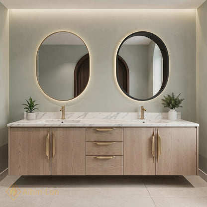 60''-96'' Floating Bathroom Vanity with Sink Dual Basin Marble-Effect Countertop Cabinet