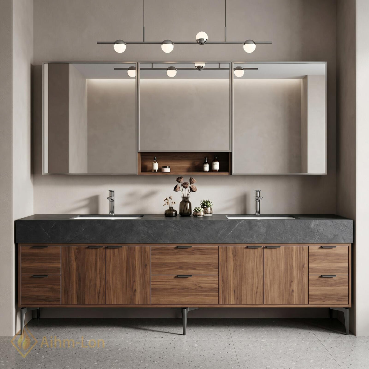 60''-96'' Double Bathroom Vanity with Sink Modern Floating Dark Stone Under-Cabinet Drawers