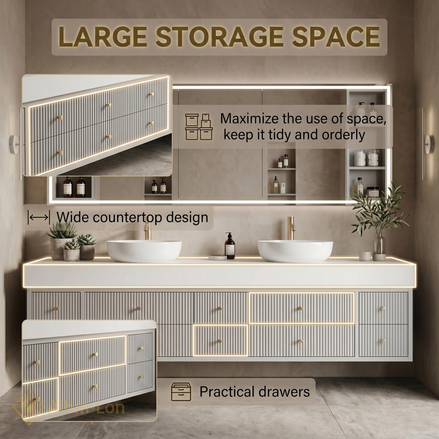 70''-96'' Double Bathroom Vanity with Sink Modern Floating Ribbed Drawers White Finish