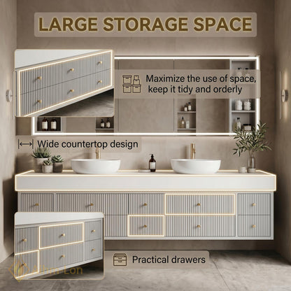 70''-96'' Double Bathroom Vanity with Sink Modern Floating Ribbed Drawers White Finish