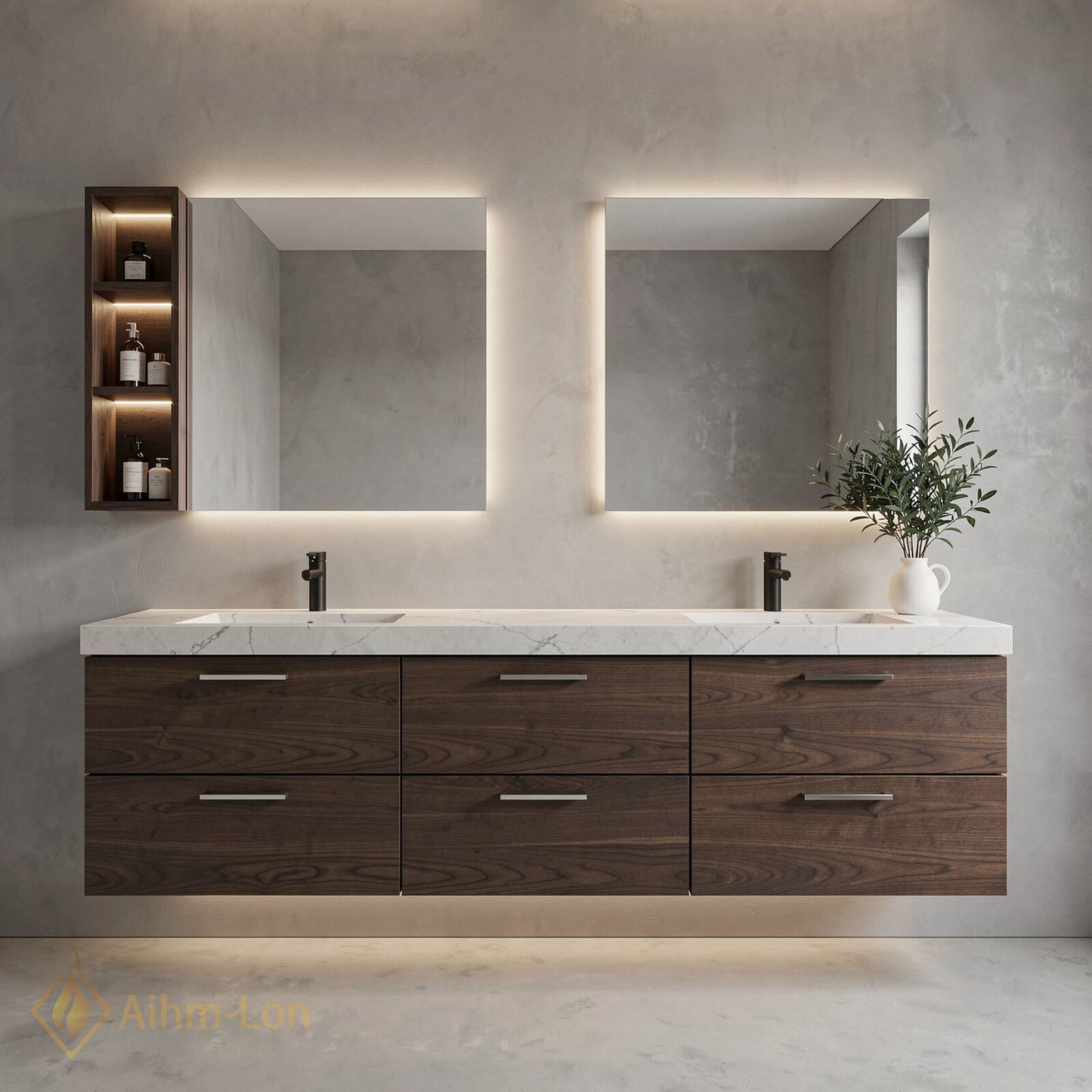 60''-96'' Modern Bathroom Vanity with Sink Dual Sink Marble-Style Top Six Drawers Cabinet