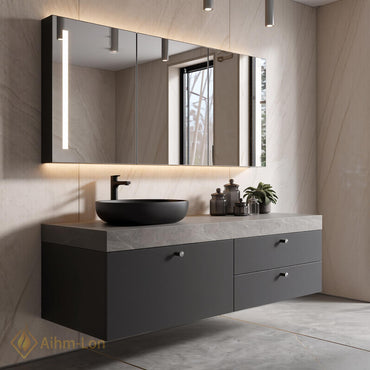 36''-110'' Floating Bathroom Vanity with Sink Grey Finish Stone Top Hidden Drawers
