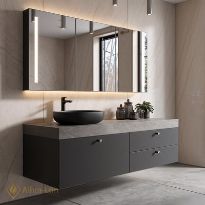 36''-110'' Floating Bathroom Vanity with Sink Grey Finish Stone Top Hidden Drawers