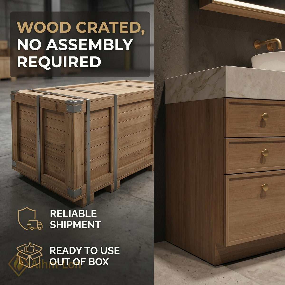 60''-96'' Double Bathroom Vanity with Sink Light Oak Finish Slatted Center Panel
