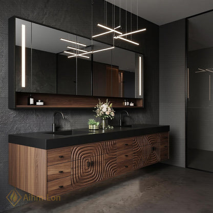 78''-96'' Double Bathroom Vanity with Sink Modern Floating Carved Relief Pattern Wood