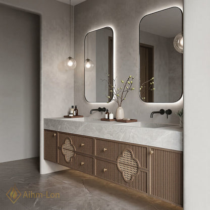 60''-96'' Double Bathroom Vanity with Sink Floating Recessed Panel Doors Natural Woven