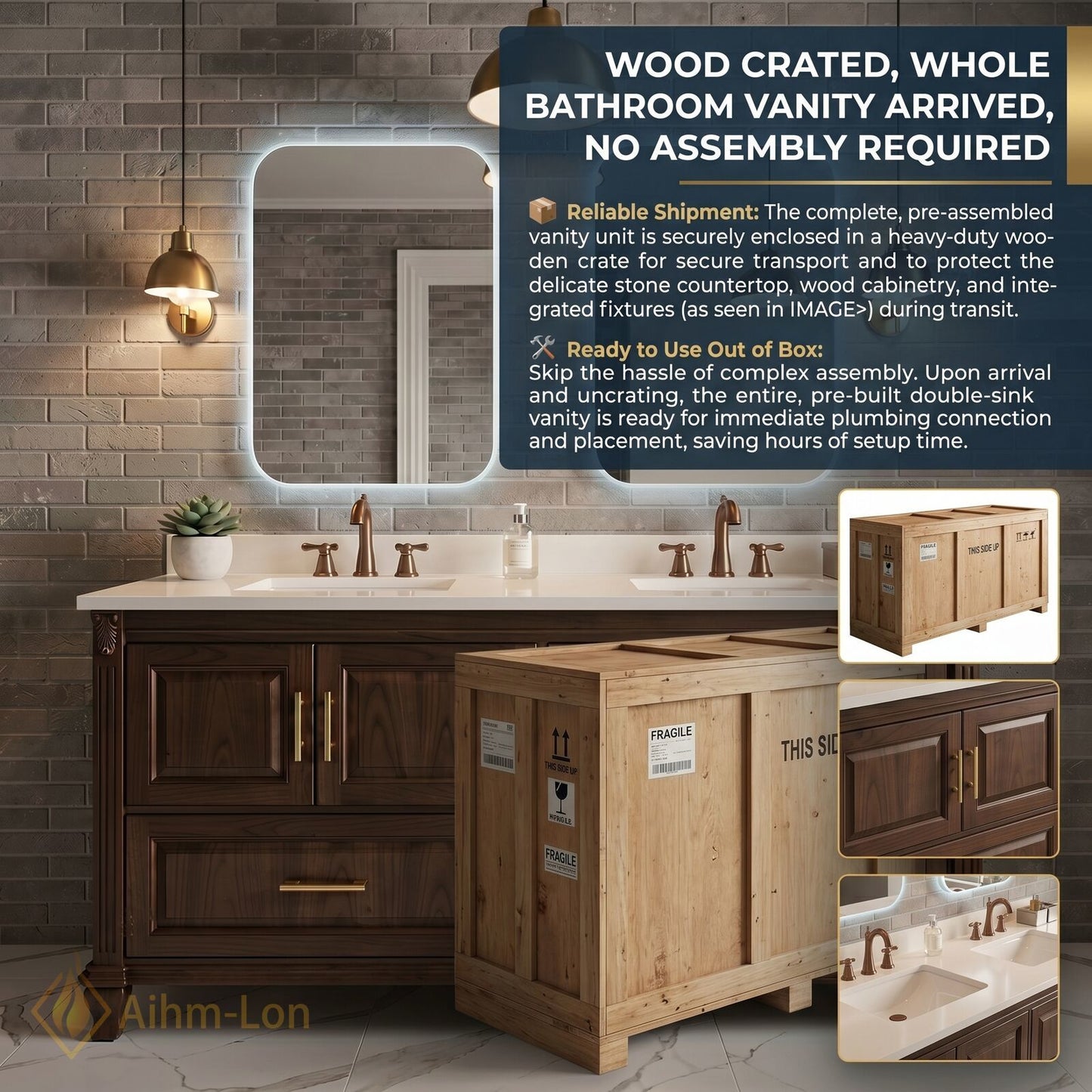 70''-96'' Modern Bathroom Vanity with Sink Dark Wood Rectangular Base Gold Drawers