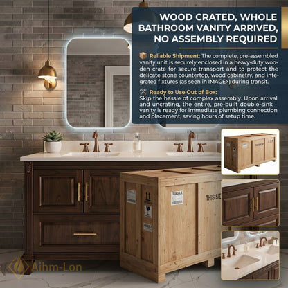 70''-96'' Modern Bathroom Vanity with Sink Dark Wood Rectangular Base Gold Drawers