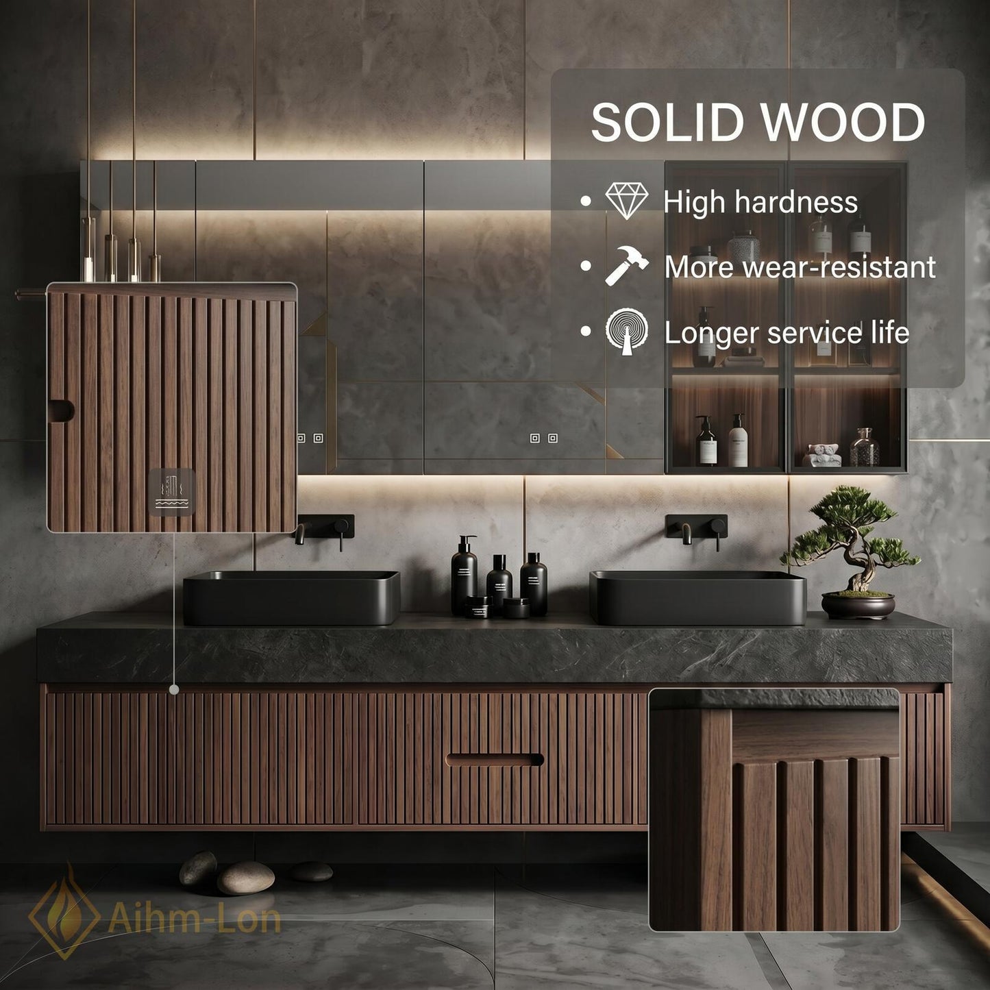 60''-96'' Double Bathroom Vanity with Sink Floating Dark Walnut Finish Slatted Wood