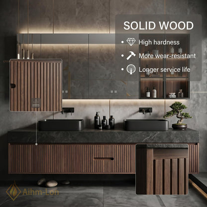 60''-96'' Double Bathroom Vanity with Sink Floating Dark Walnut Finish Slatted Wood