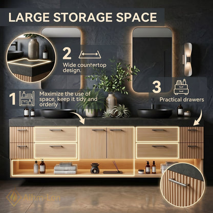 78''-96'' Double Bathroom Vanity with Sink Light Wood Finish Slatted Side Panels