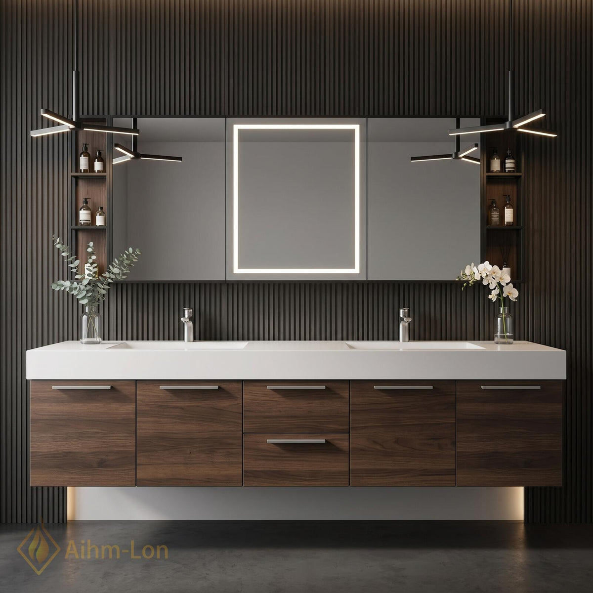 60''-96'' Double Bathroom Vanity with Sink Dark Walnut White Counter Slatted Panel
