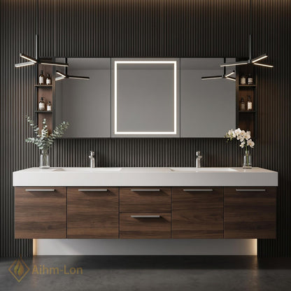 60''-96'' Double Bathroom Vanity with Sink Dark Walnut White Counter Slatted Panel
