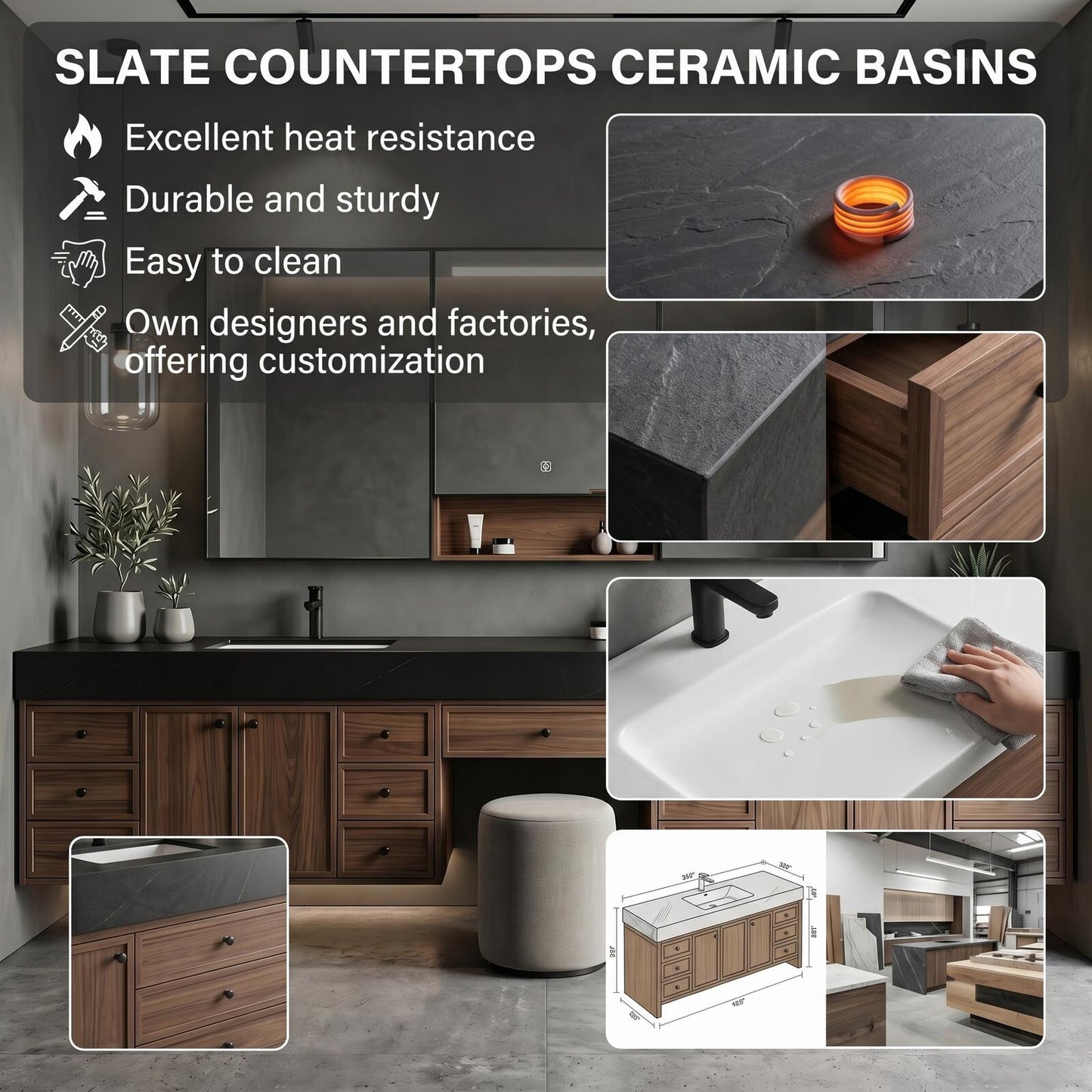 78''-96'' Modern Bathroom Vanity with Sink Double Dark Stone Top Drawer Storage