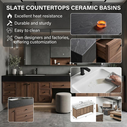 78''-96'' Modern Bathroom Vanity with Sink Double Dark Stone Top Drawer Storage