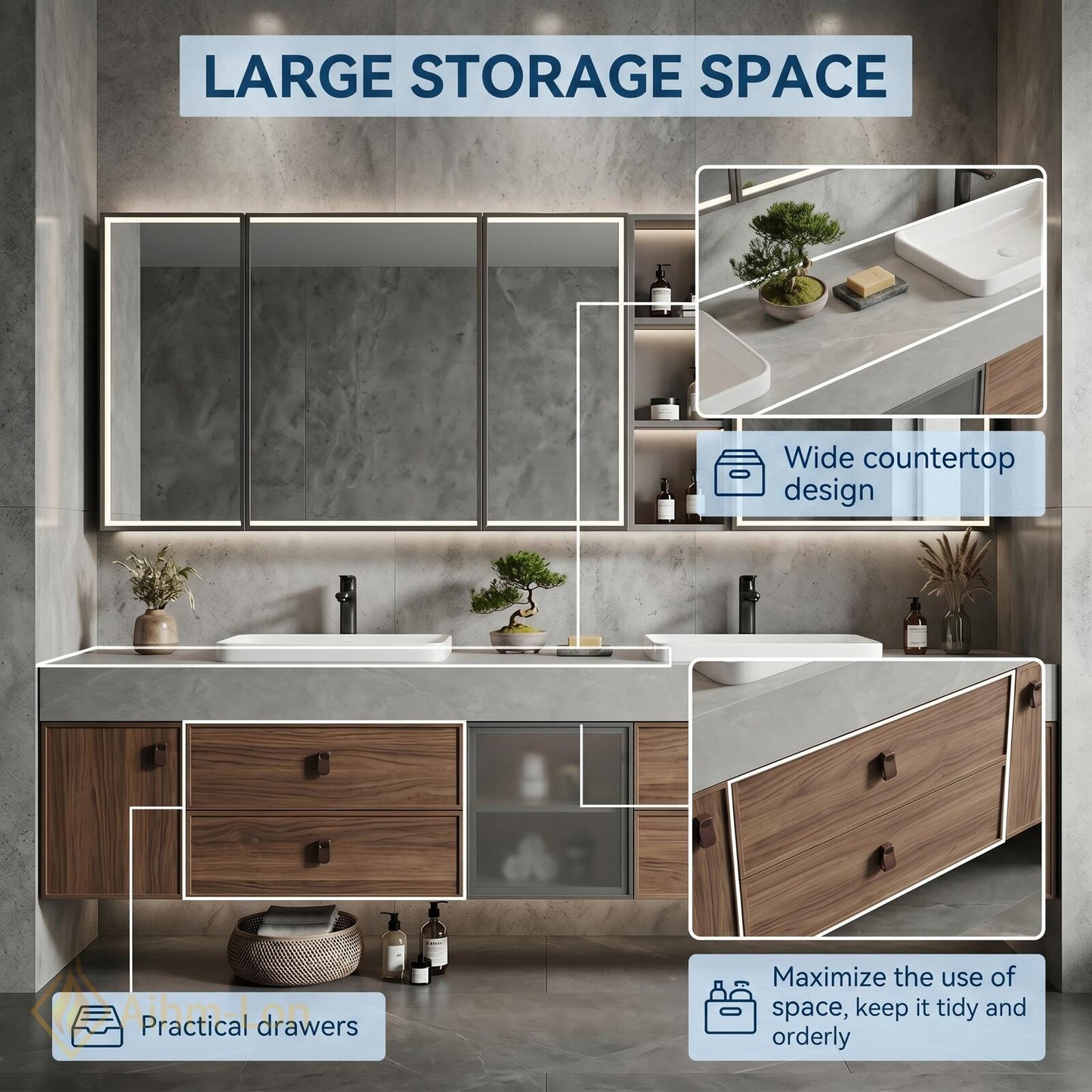 70''-96'' Modern Floating Bathroom Vanity with Sink Stone Top Glass-Door Sleek Storage