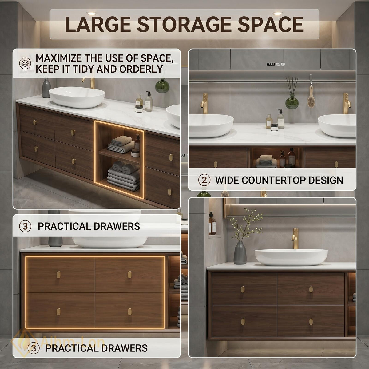 60''-96'' Bathroom Vanity with Sink Modern Floating 2 Users Open Center Shelves