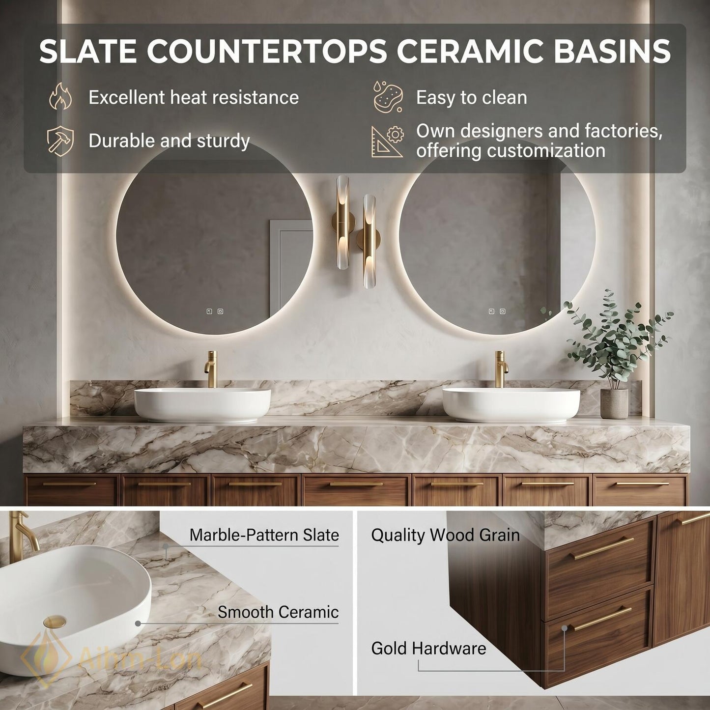 78''-96'' Double Bathroom Vanity with Sink Floating Marble-Top Drawers Storage Sleek