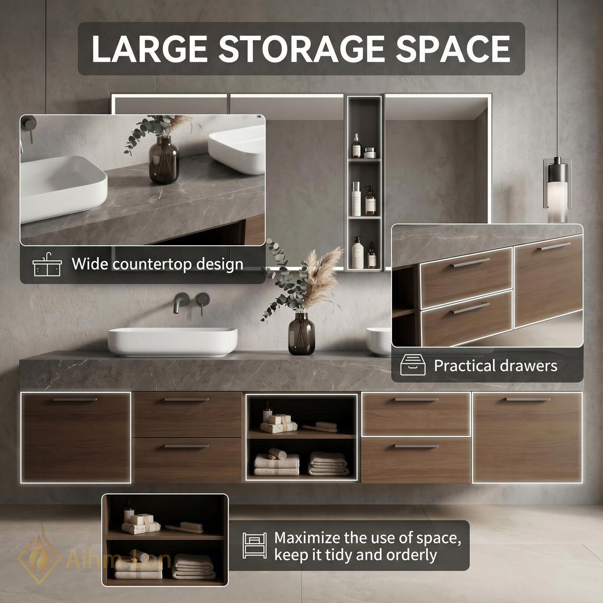 60''-96'' Double Bathroom Vanity with Sink Basin Woodgrain Finish Slatted Open Shelving
