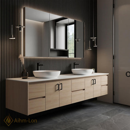 60''-96'' Double Bathroom Vanity with Sink Floating Solid Wood Veneer Mirror Storage